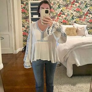 Cream boho top with blue and gold embroidery - NWOT!